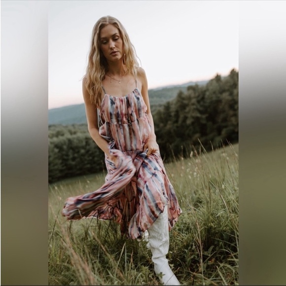 Storia Pink And Blue Gold Shimmer Watercolor Tiered Midi Dress Size M - Picture 4 of 13